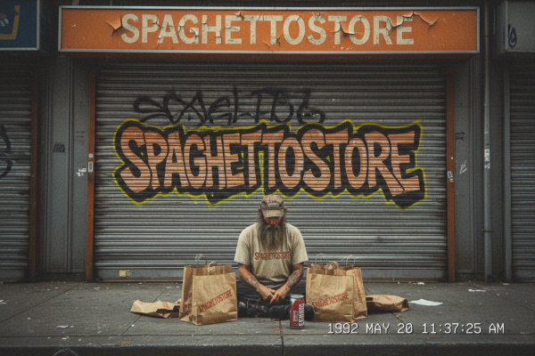 Fagli un sacco di buste di un negozio, con scritto sopra spaghettostore